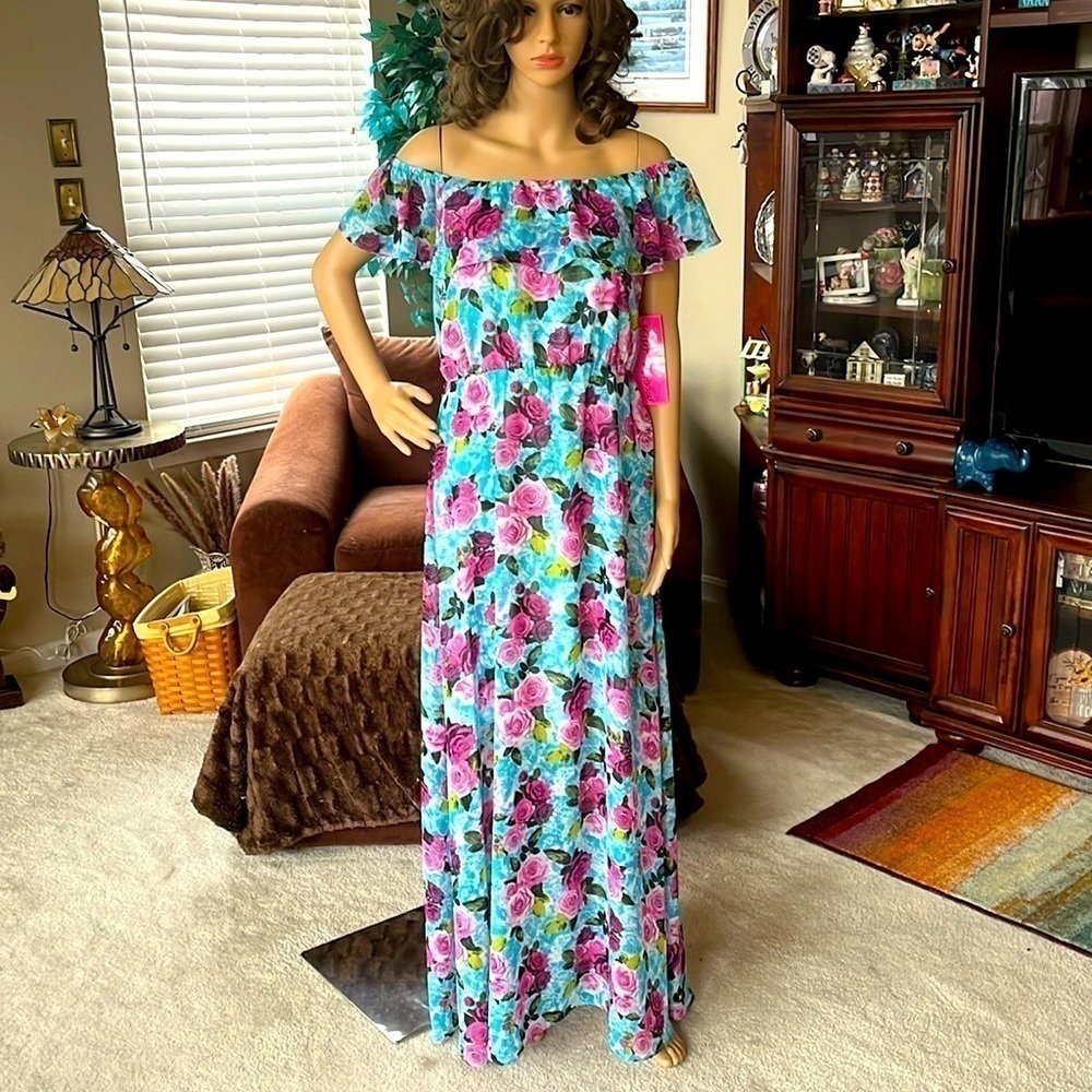 Brand New Betsey Johnson Malibu Blue Floral Off-Shoulder Ruffle Long Maxi Dress